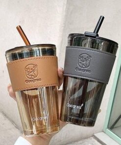 Alternative view of Glass Coffee Mug Cup With Straw Leather Sleeve