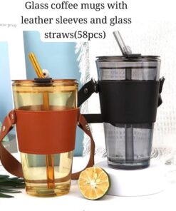 Glass Coffee Mug Cup With Straw Leather Sleeve
